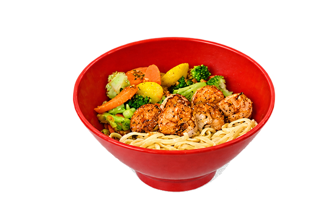 Rice bowl with vegetables and shrimp