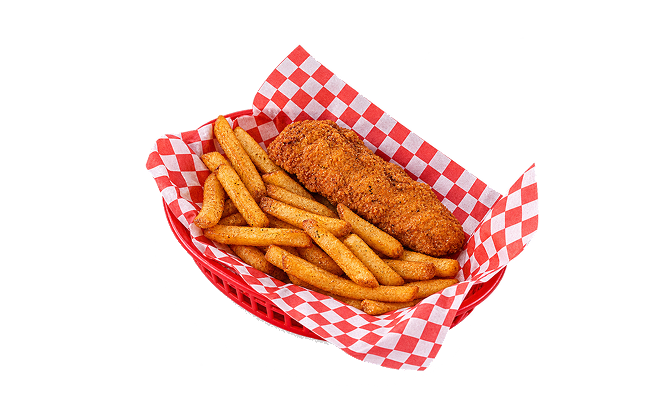 Basket of seasoned fries with a chicken tender