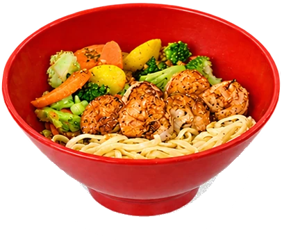 Rice bowl with vegetables and shrimp