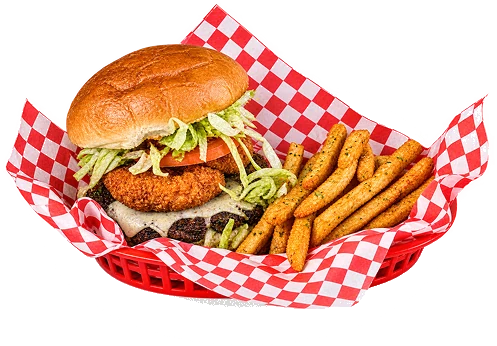 Crispy chicken sandwich and seasoned fries in a basket